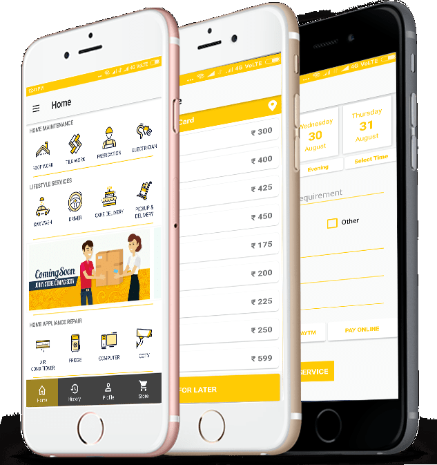 Village Udhyogi mobile app is available on Android and iOS platform with all service features like on-demand and scheduled service booking, rate chart, online shopping, city specific services for Kochi, Thiruvananthapuram, Thrissur, Bangalore, Kozhikode, Chennai, Mumbai and Delhi.